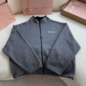 MIU MIU SS24 Women's Logo Embroidered Stand Collar Zipper Jacket